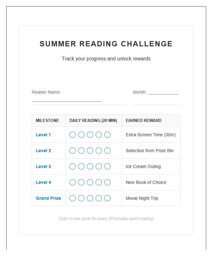 Incentive Based Summer Reading Rewards Printable Chart