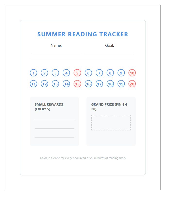 Kids Summer Reading Rewards Tracker Printable Chart
