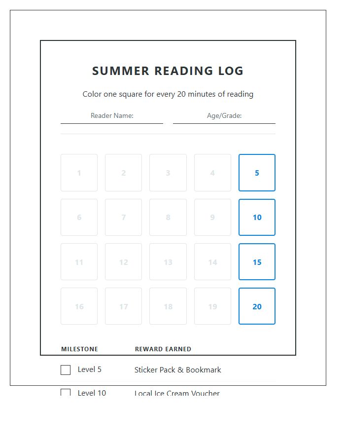 Library Summer Reading Rewards Printable Chart