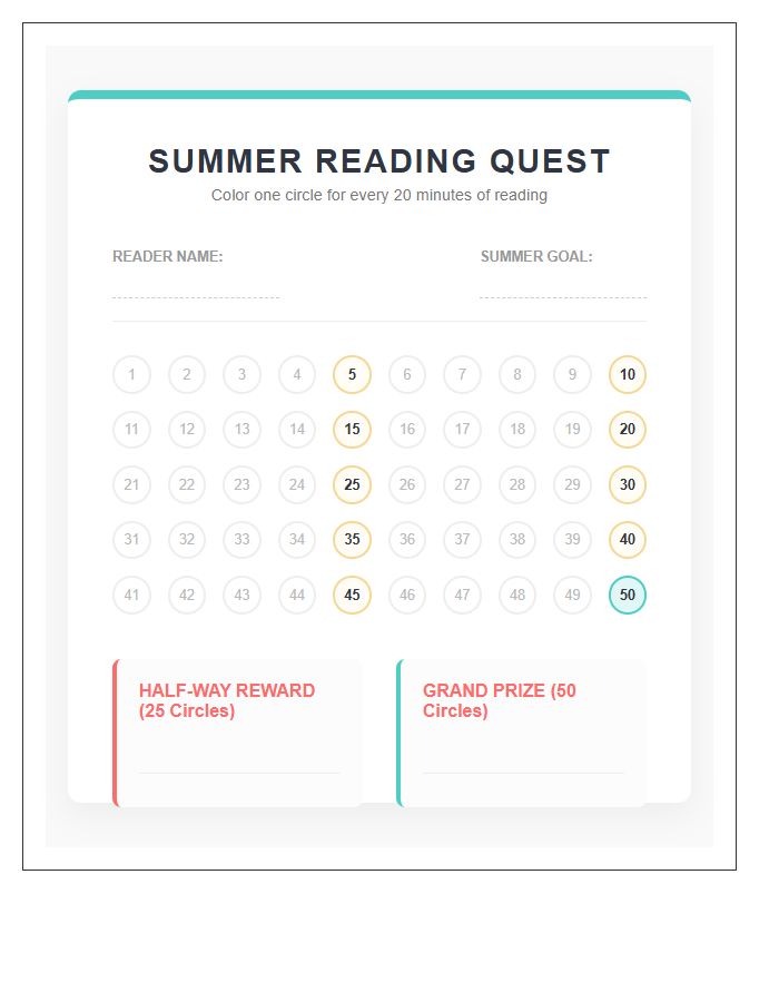 Motivational Summer Reading Rewards Printable Chart