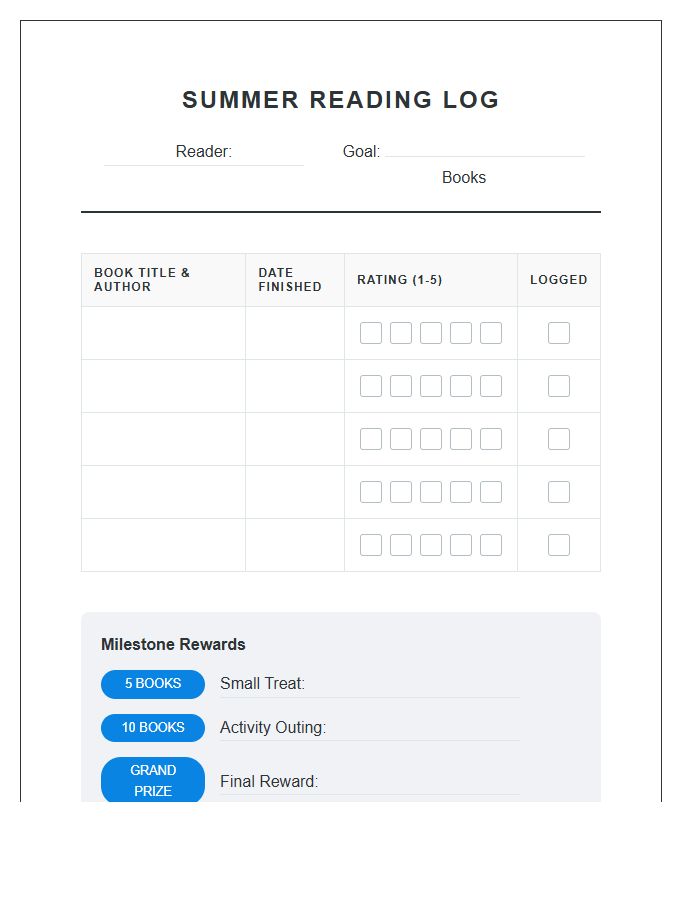 Structured Summer Reading Rewards Printable Chart