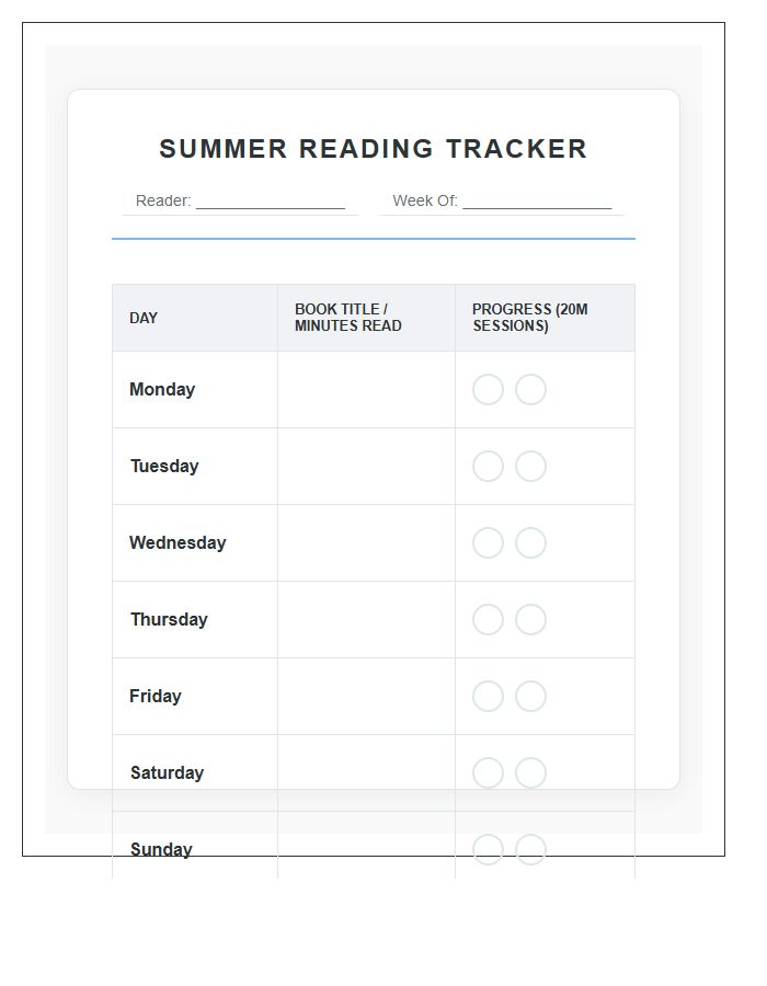 Weekly Literacy Summer Reading Rewards Printable Chart