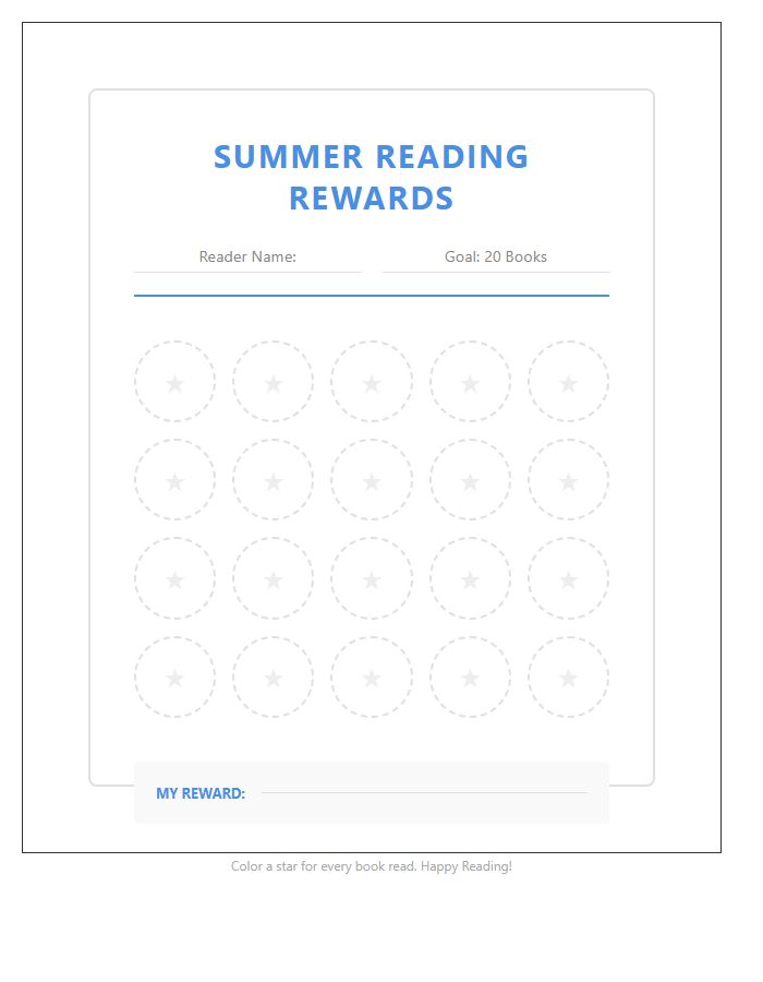 Young Reader Summer Reading Rewards Printable Chart