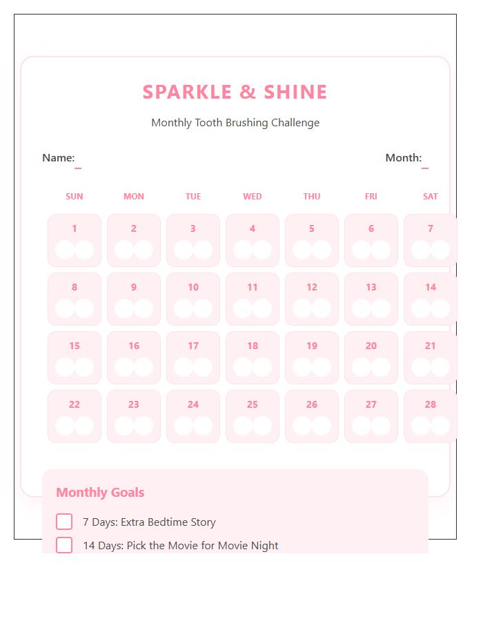 Monthly Tooth Brushing Rewards Printable Chart For Girls