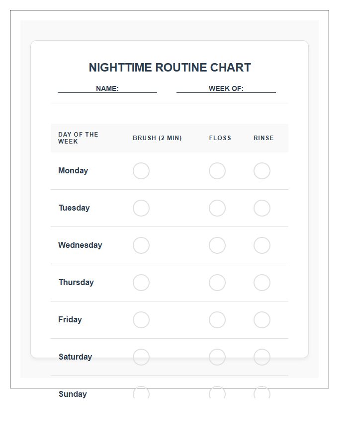 Nighttime Routine Tooth Brushing Rewards Printable Chart