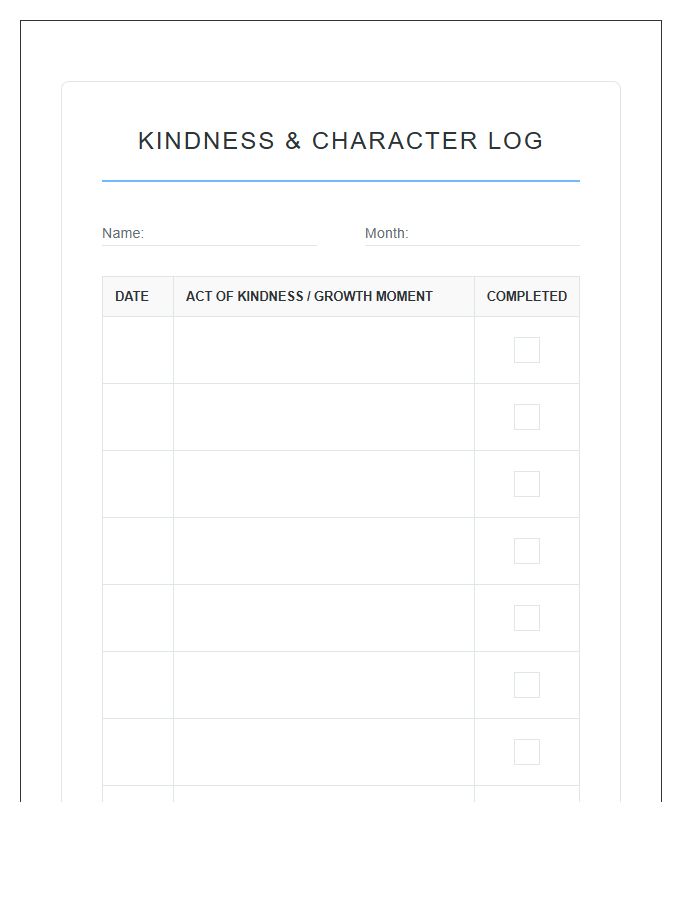 Character Development Kindness Acts Printable Chart