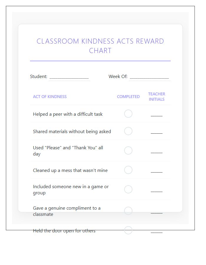 Classroom Kindness Acts Reward Printable Chart
