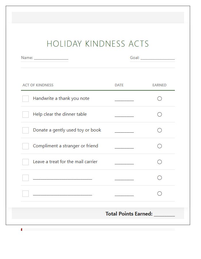 Holiday Kindness Acts Reward Printable Chart