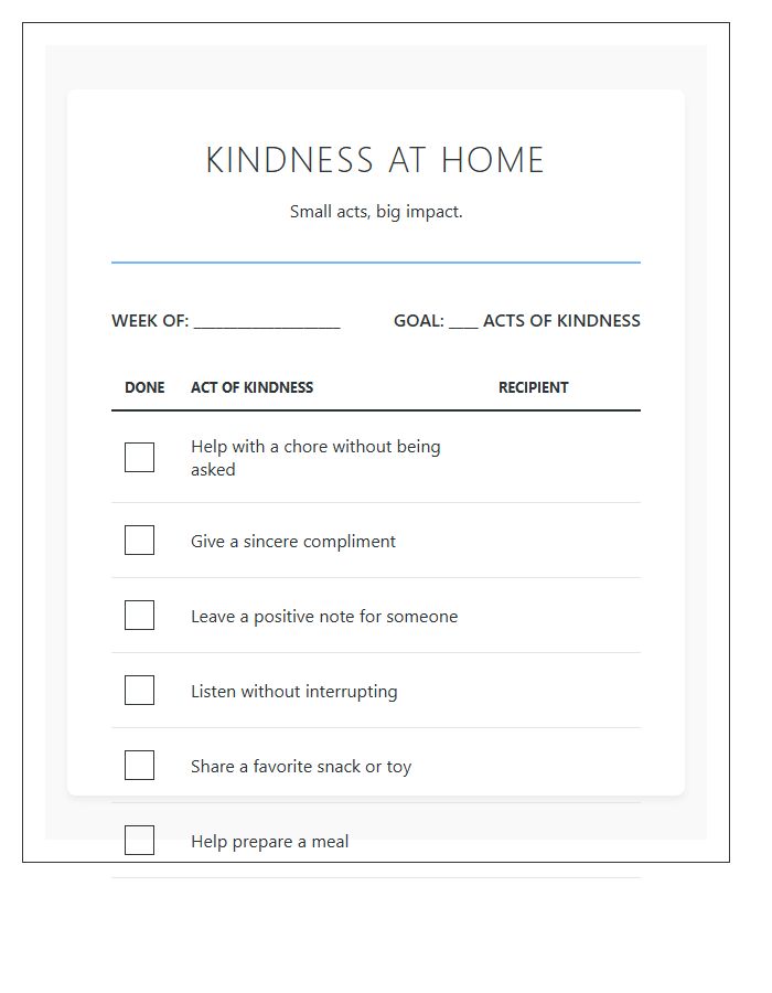 Home Kindness Acts Goal Printable Chart
