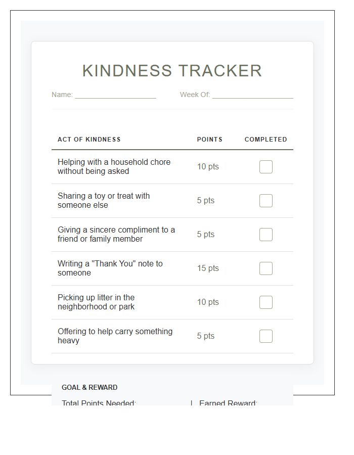 Kindness Acts Reward System Printable Chart