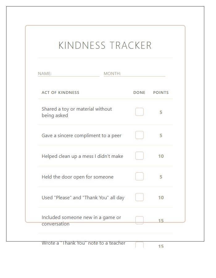 Positive Behavior Kindness Acts Printable Chart