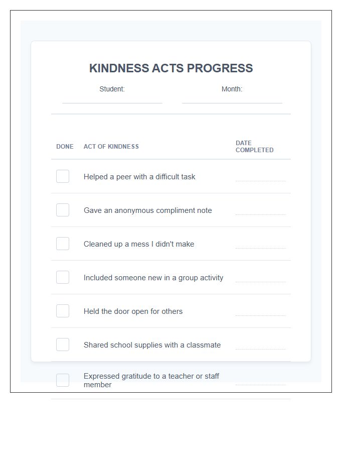 Student Kindness Acts Progress Printable Chart