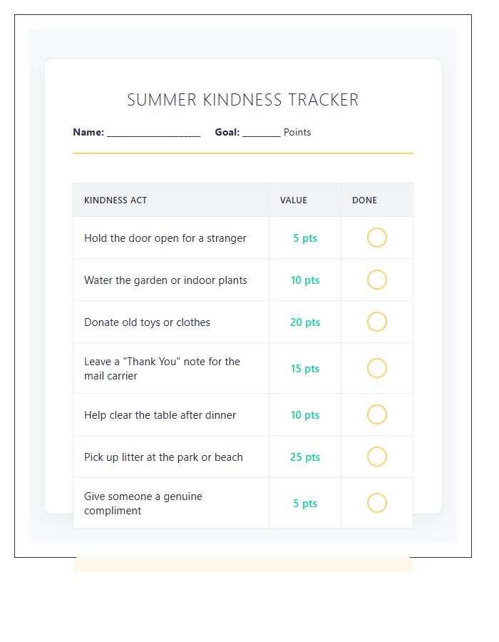 Summer Kindness Acts Reward Printable Chart