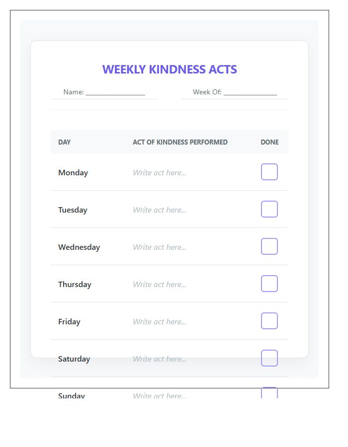 Weekly Kindness Acts Reward Printable Chart