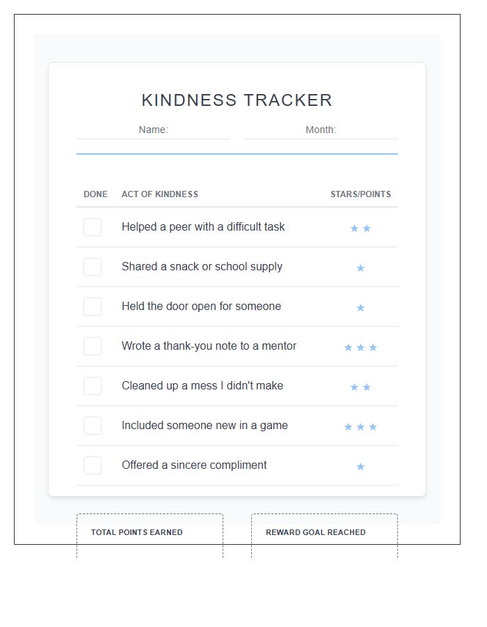 Youth Kindness Acts Reward Printable Chart