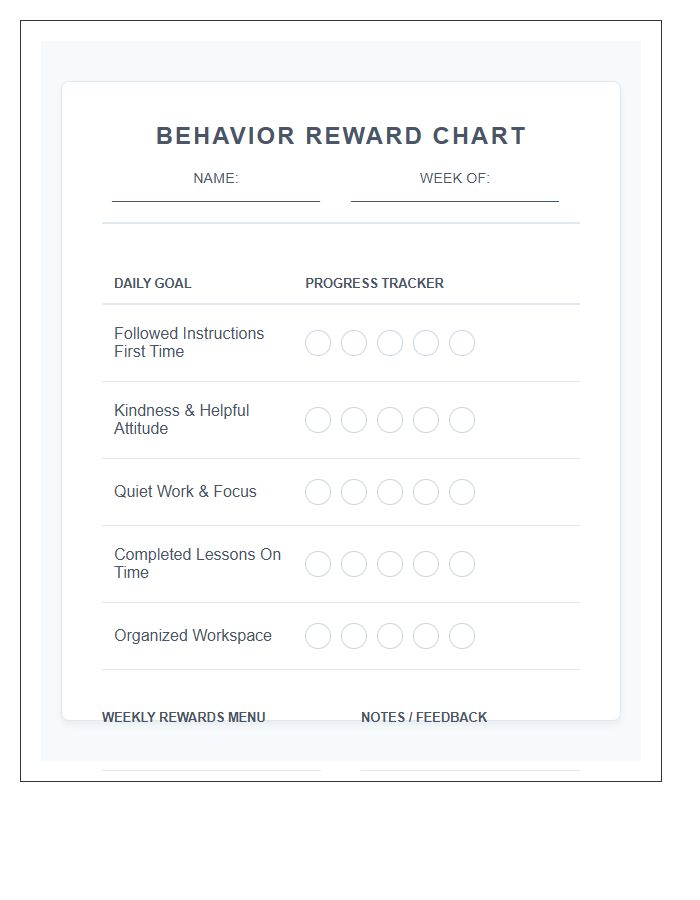 Homeschool Good Behavior Rewards Printable Chart