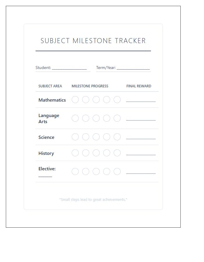 Homeschool Subject Milestone Rewards Printable Chart