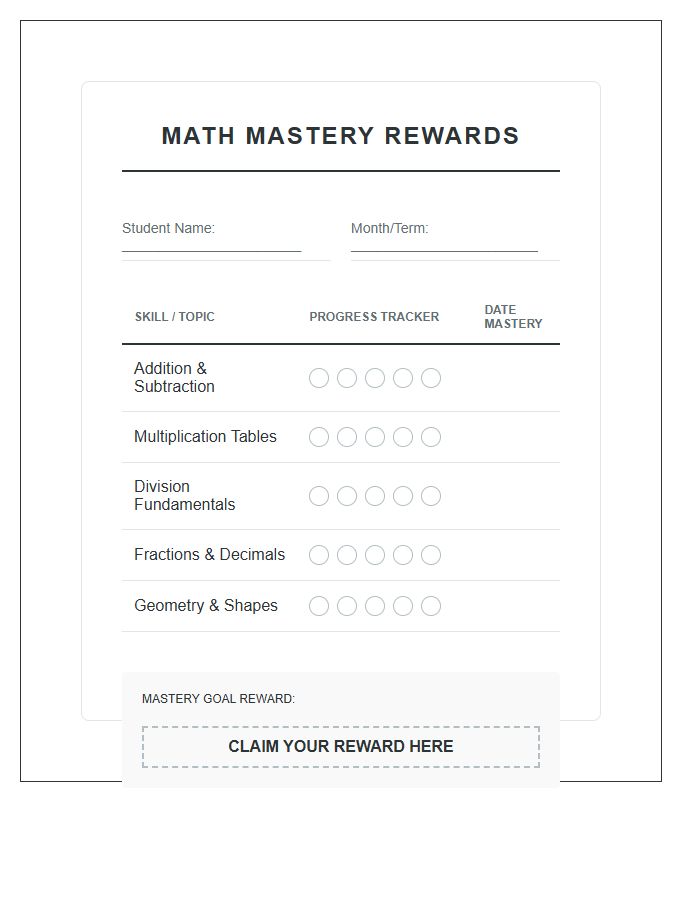Math Mastery Rewards Tracking Printable Chart