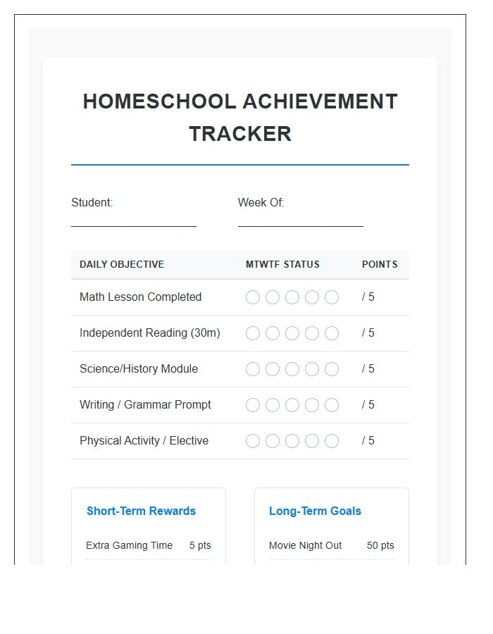 Middle School Homeschool Rewards Printable Chart