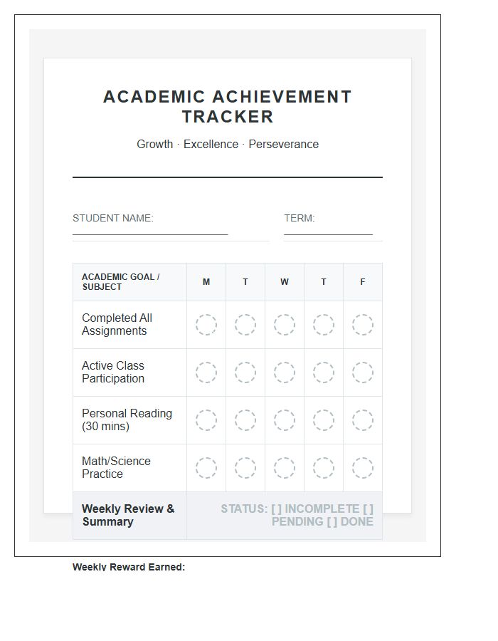 Student Academic Achievement Rewards Printable Chart