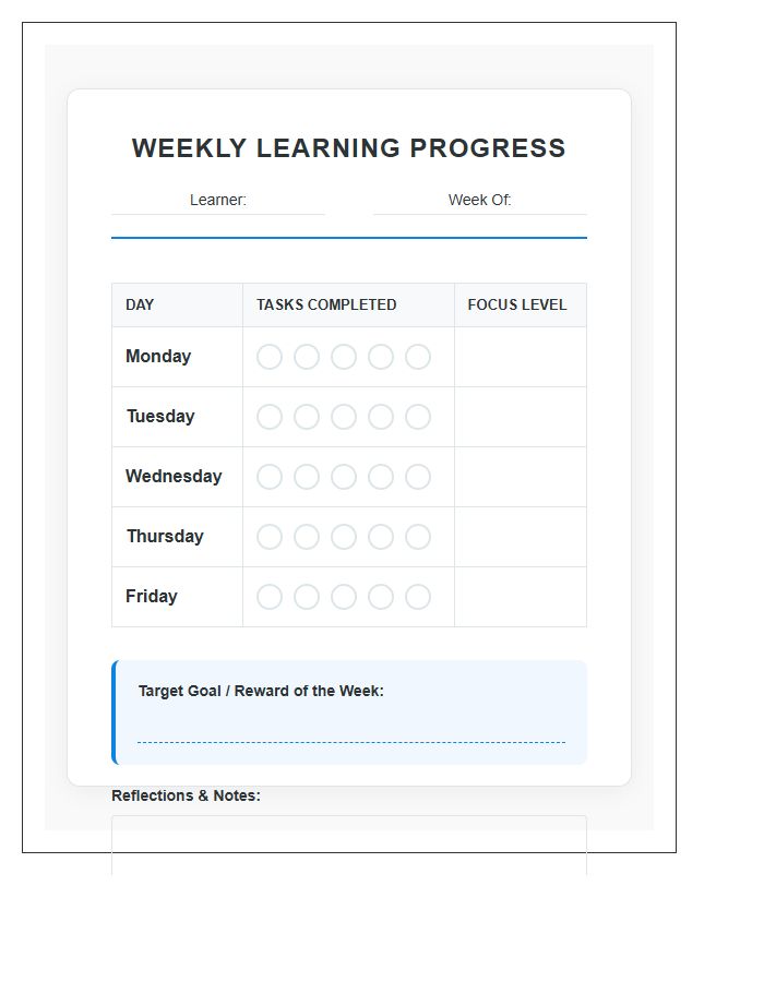 Weekly Learning Progress Rewards Printable Chart