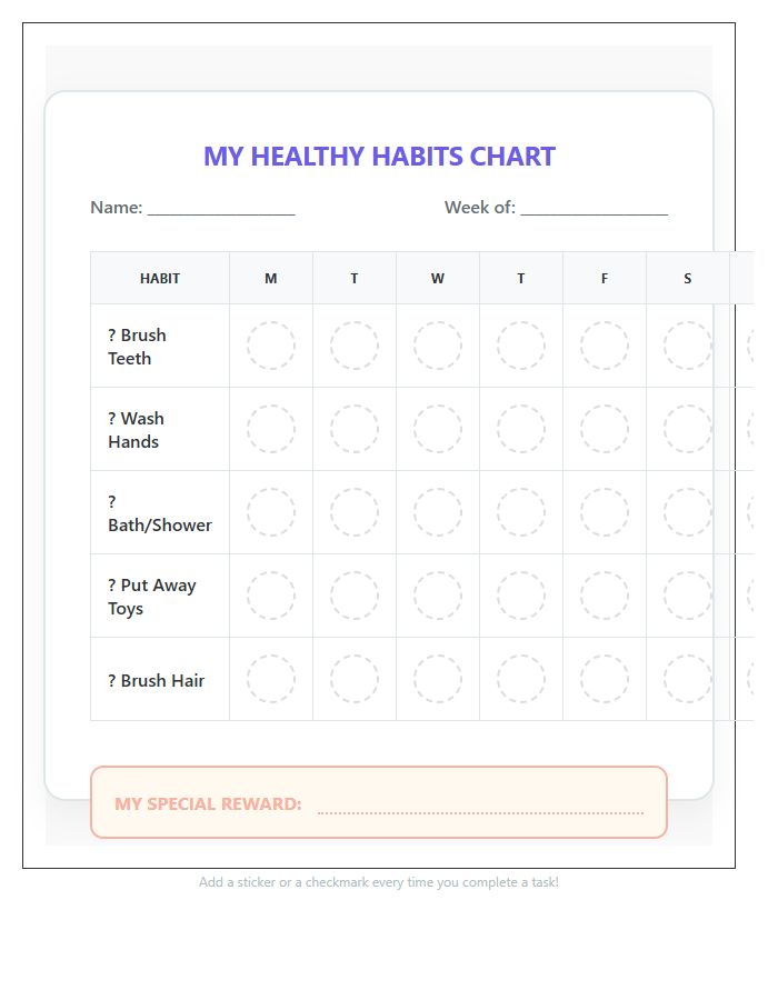 Preschool Hygiene Habits Rewards Printable Chart