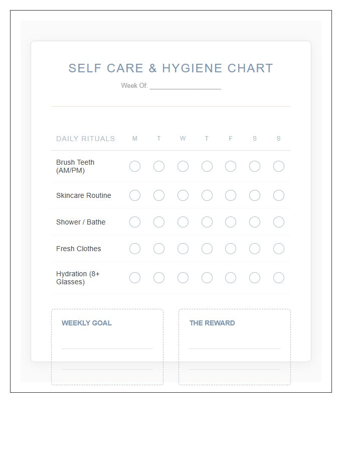 Self Care Hygiene Rewards Printable Chart