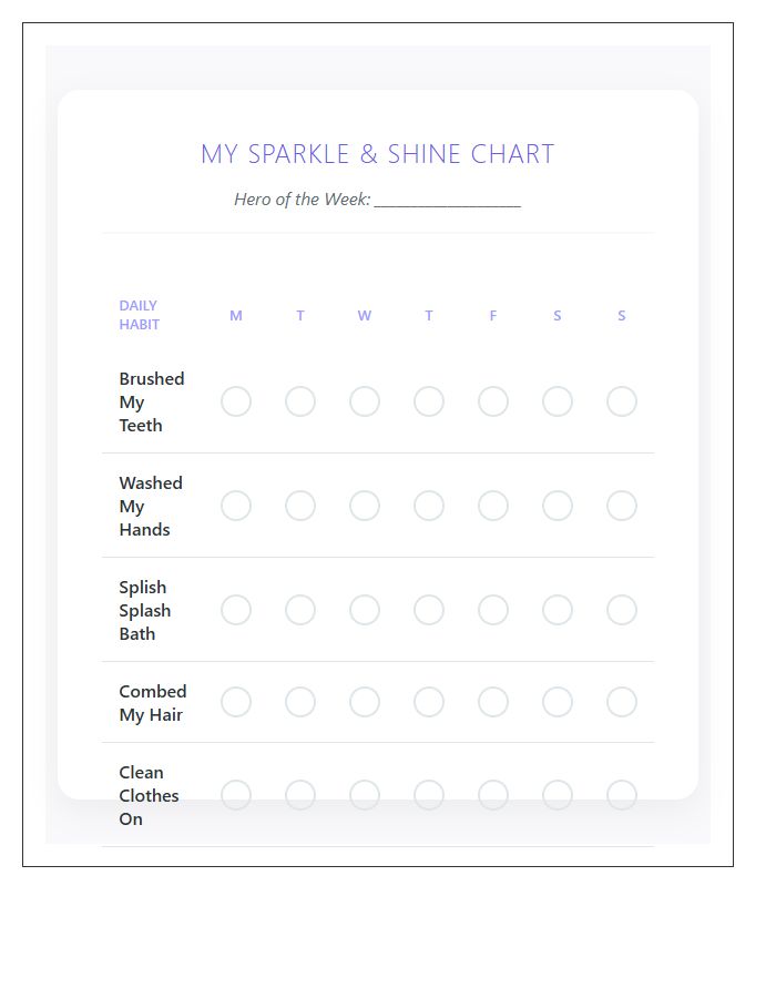 Toddler Personal Hygiene Rewards Printable Chart