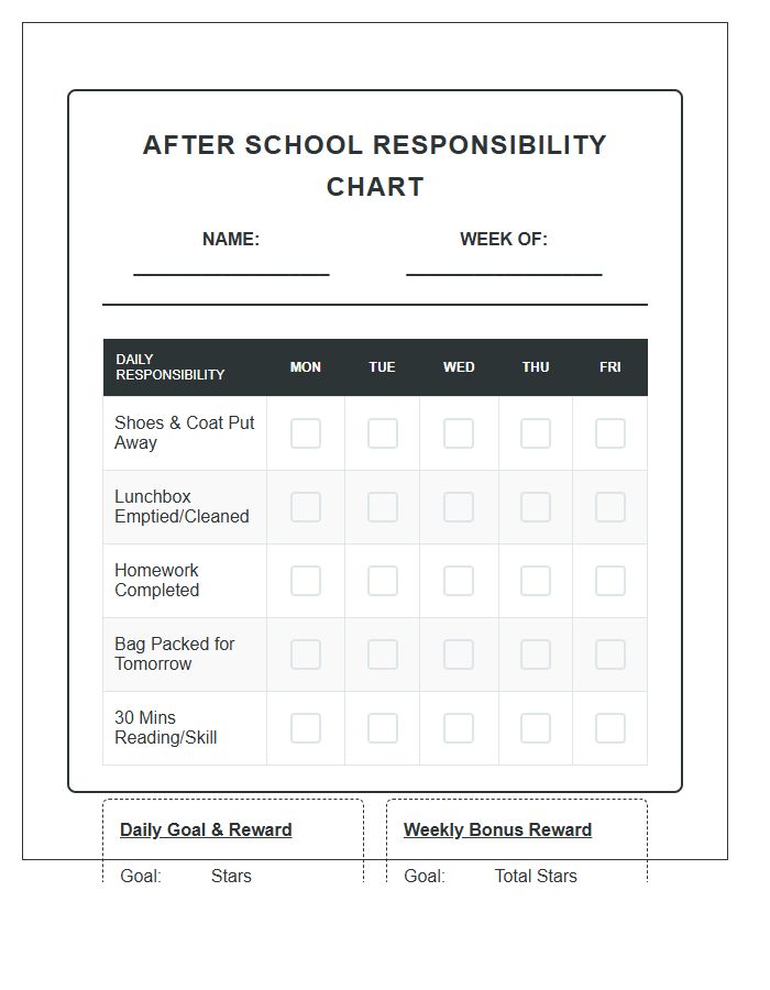 After School Responsibility Building Rewards Printable Chart