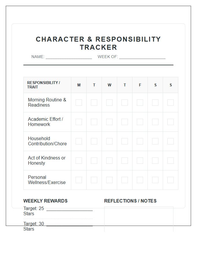 Character Development Responsibility Building Rewards Printable Chart