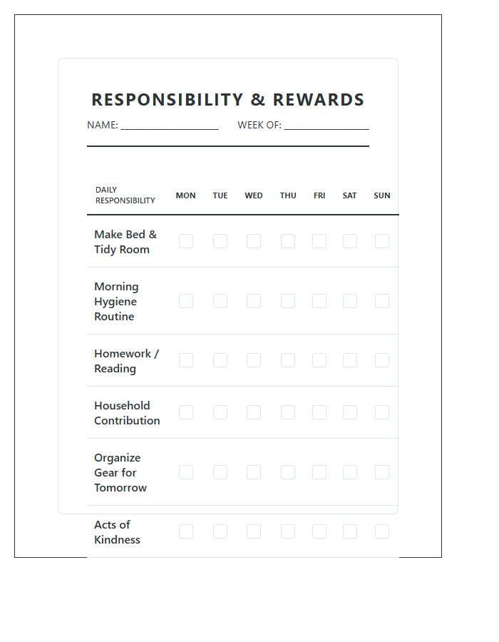 Daily Task Responsibility Building Rewards Printable Chart