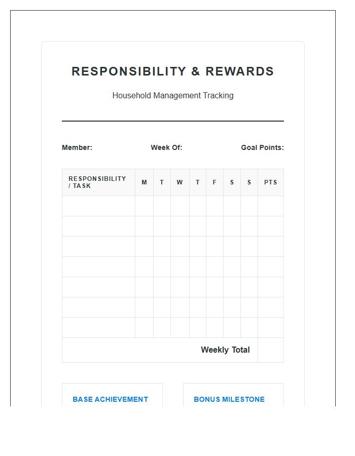 Household Management Responsibility Building Rewards Printable Chart