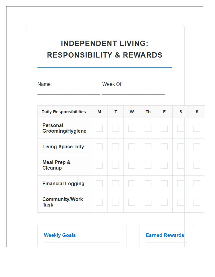 Independent Living Responsibility Building Rewards Printable Chart