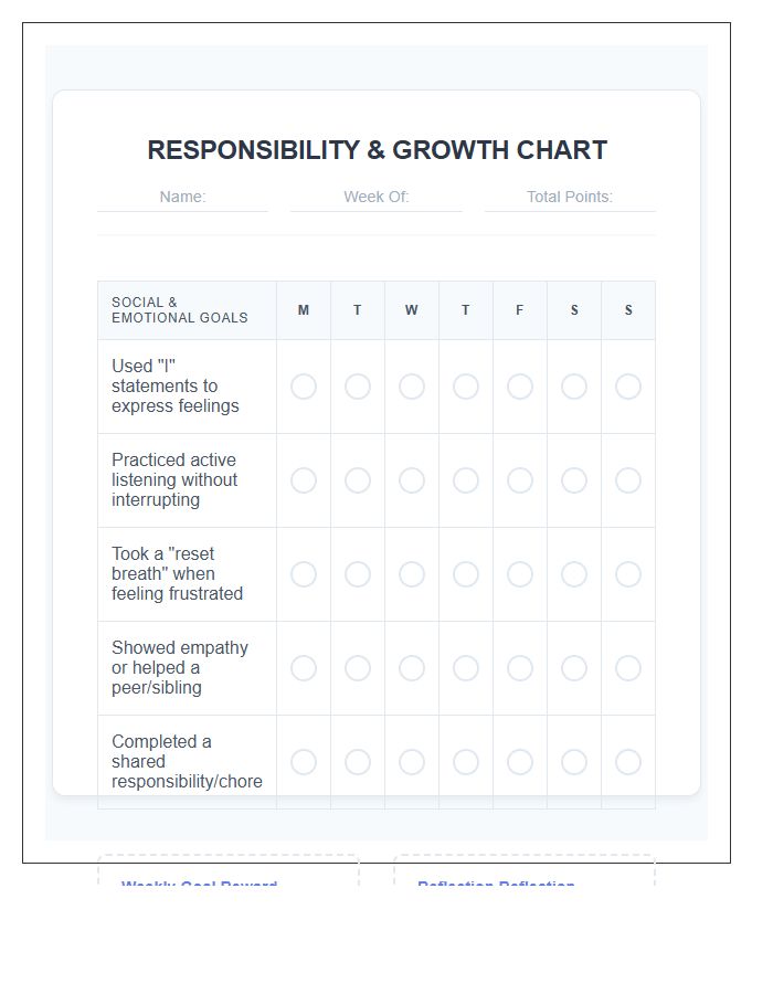 Social Emotional Responsibility Building Rewards Printable Chart