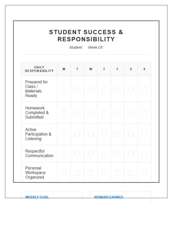 Student Success Responsibility Building Rewards Printable Chart