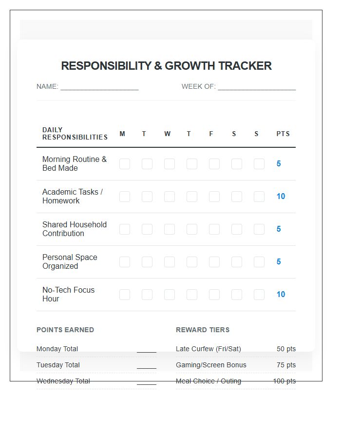 Teenager Responsibility Building Rewards Printable Chart