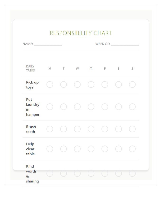Toddler Responsibility Building Rewards Printable Chart