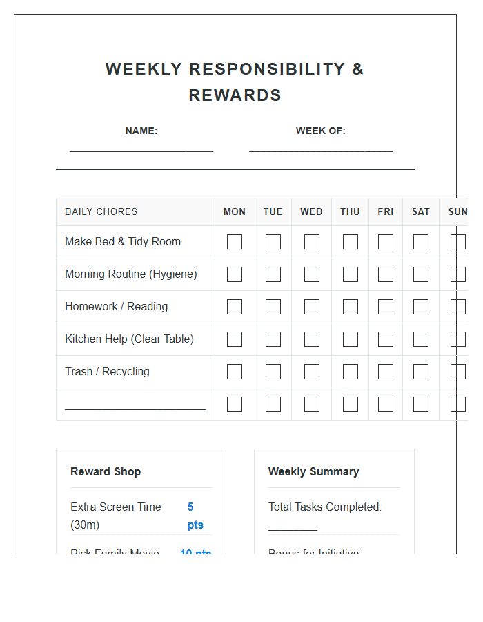Weekly Chore Responsibility Building Rewards Printable Chart
