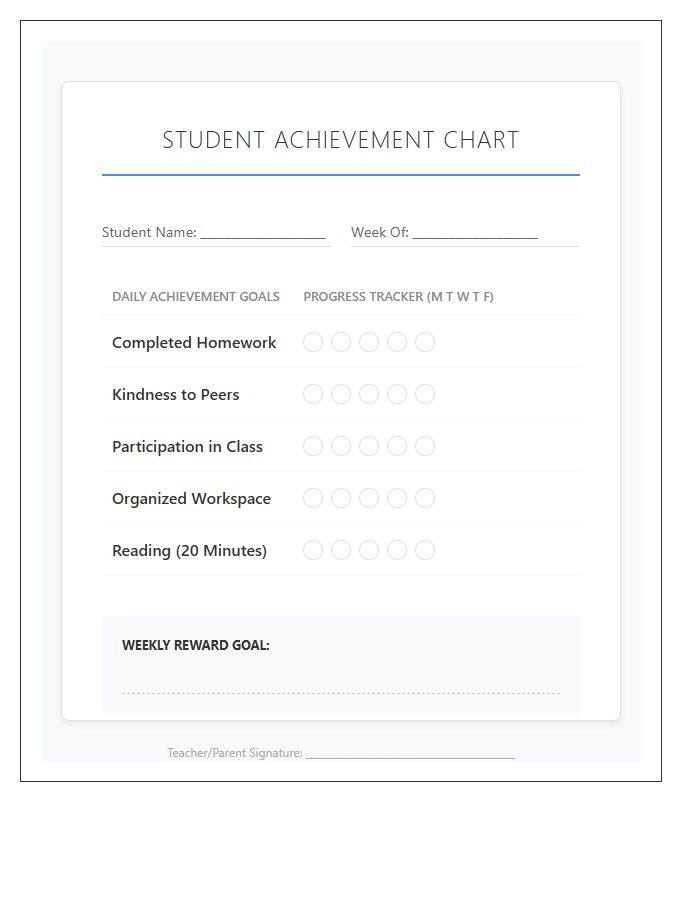 Elementary School Student Achievement Rewards Printable Chart