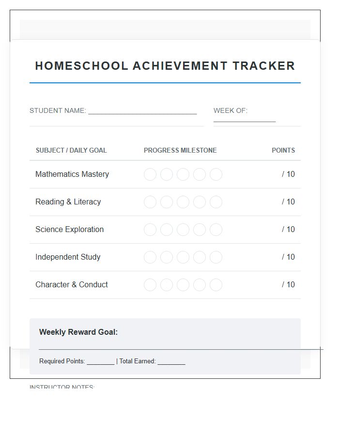 Homeschool Success Student Achievement Rewards Printable Chart