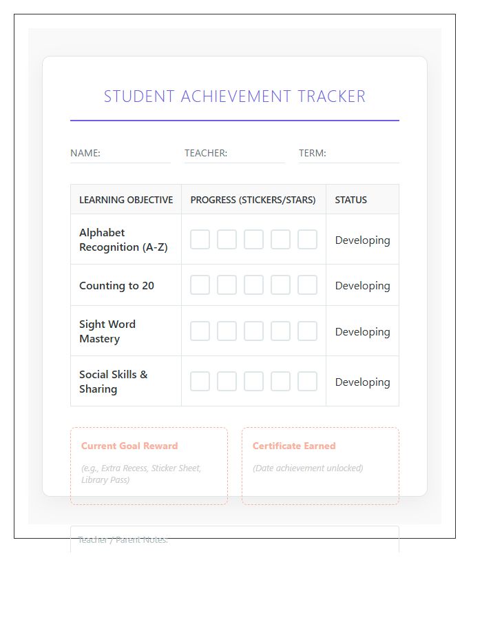 Kindergarten Progress Student Achievement Rewards Printable Chart