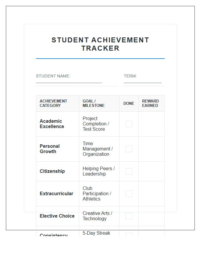 Middle School Student Achievement Rewards Printable Chart