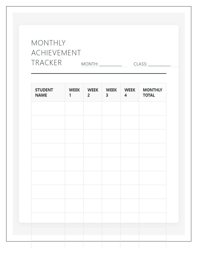 Monthly Incentive Student Achievement Rewards Printable Chart