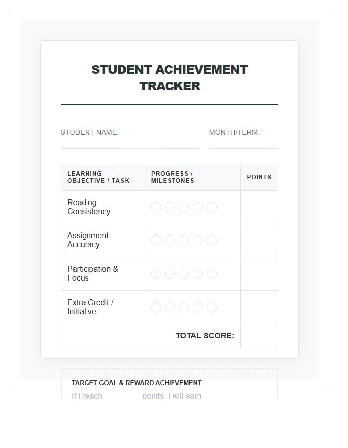 Performance Tracking Student Achievement Rewards Printable Chart