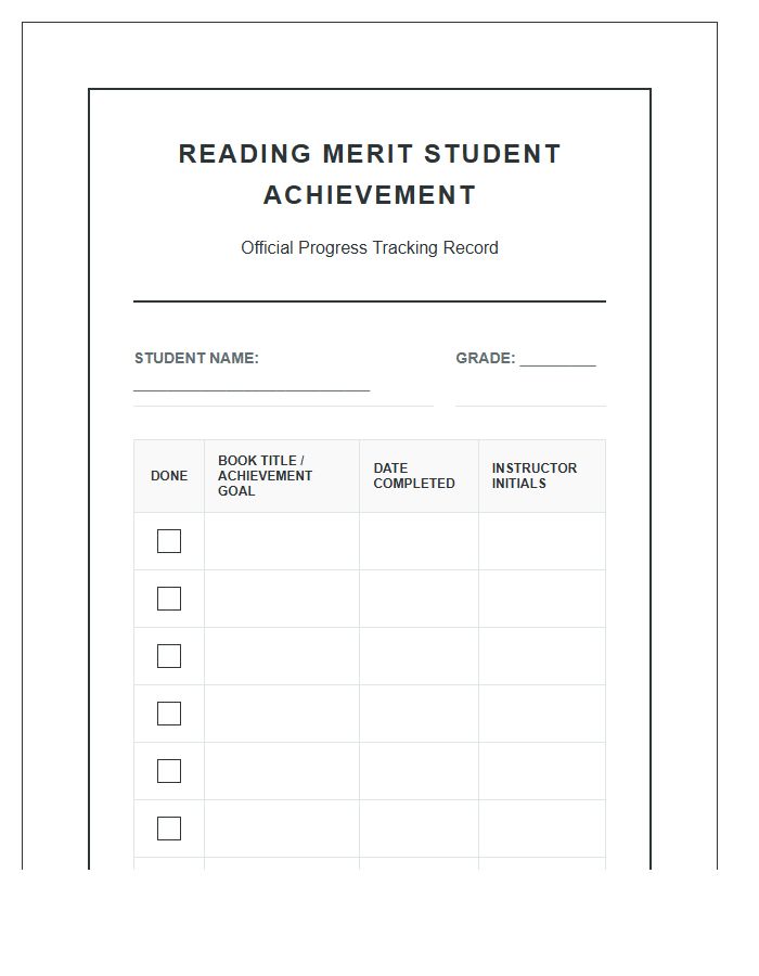 Reading Merit Student Achievement Rewards Printable Chart