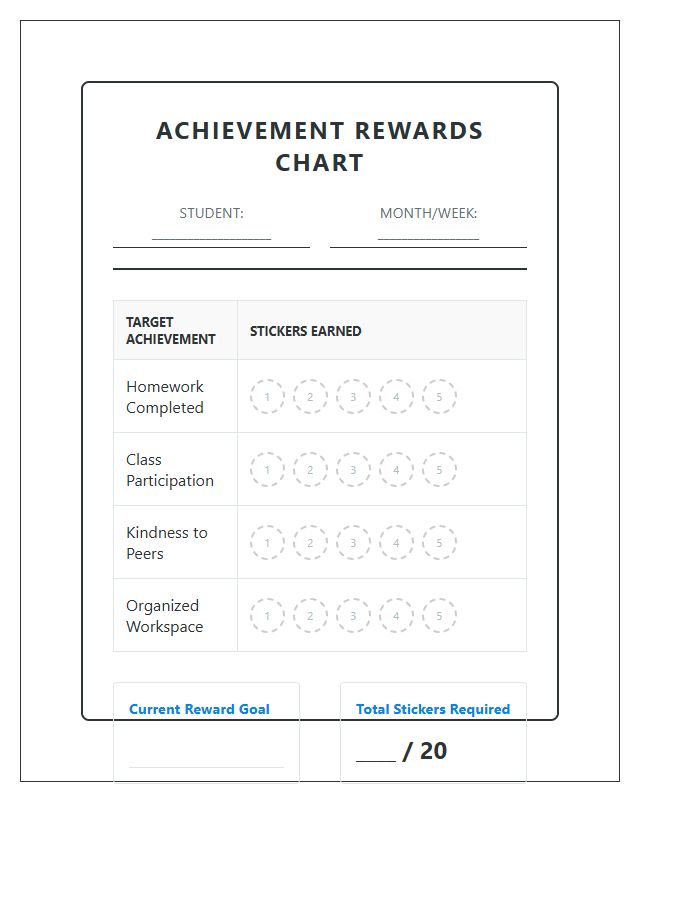 Sticker Based Student Achievement Rewards Printable Chart