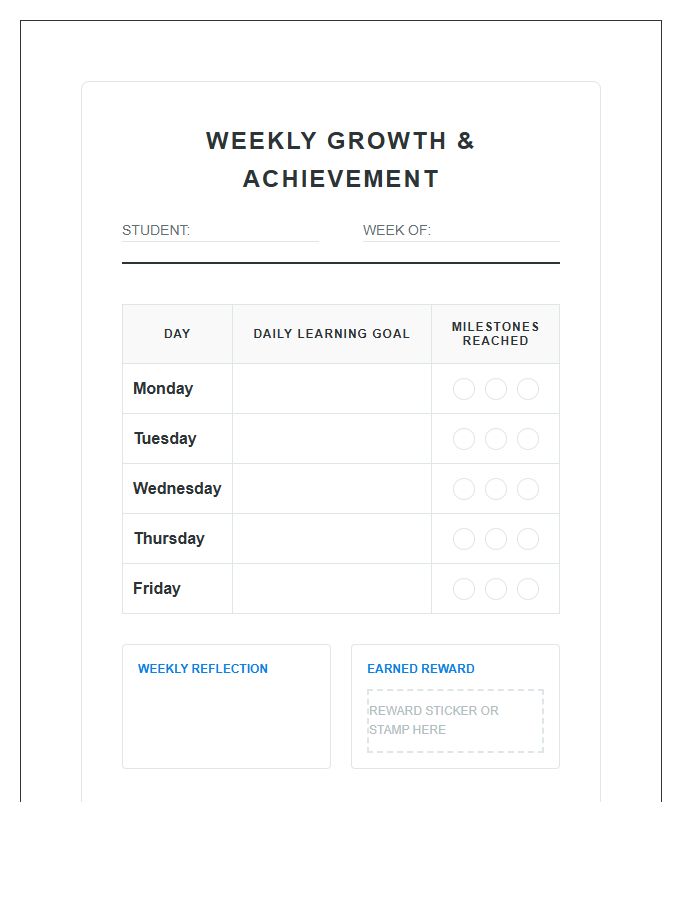 Weekly Growth Student Achievement Rewards Printable Chart