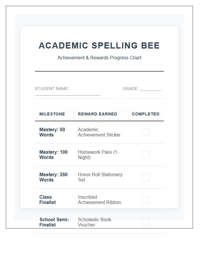 Academic Spelling Bee Rewards Printable Chart