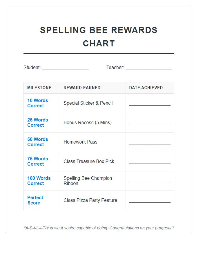 Classroom Spelling Bee Rewards Printable Chart