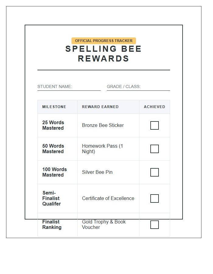 Competition Spelling Bee Rewards Printable Chart
